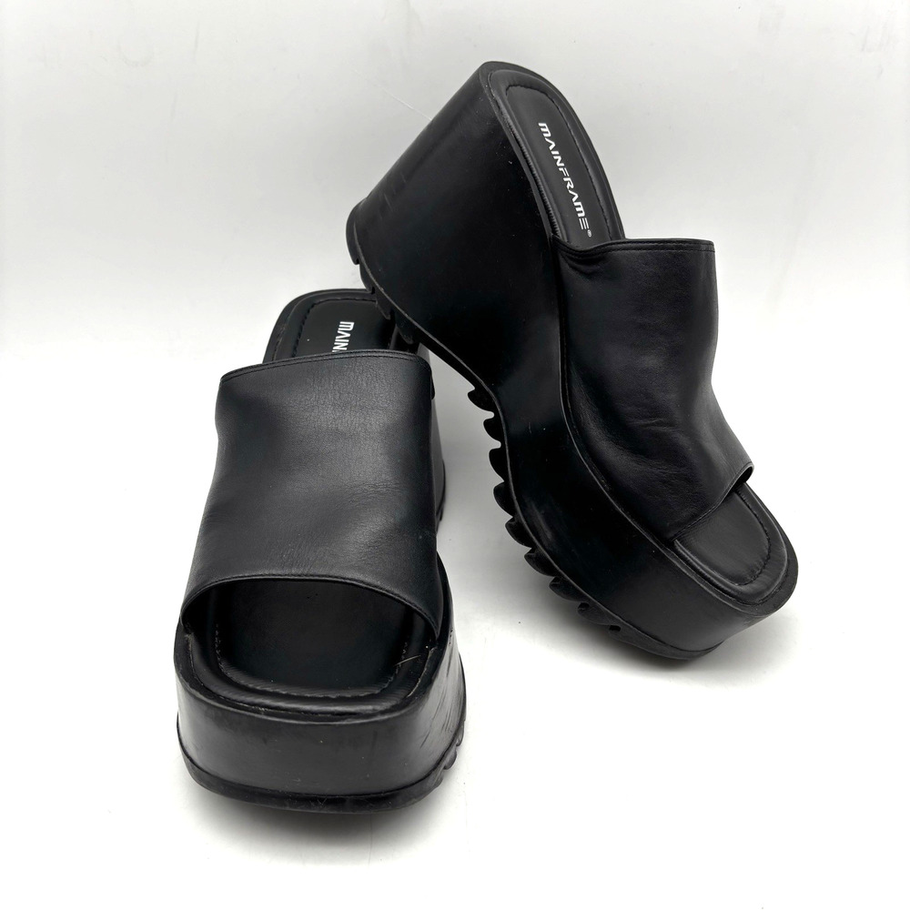 Vintage 00s Y2K MAINFRAME Black Leather Chunky Platform Slide Sandals 9